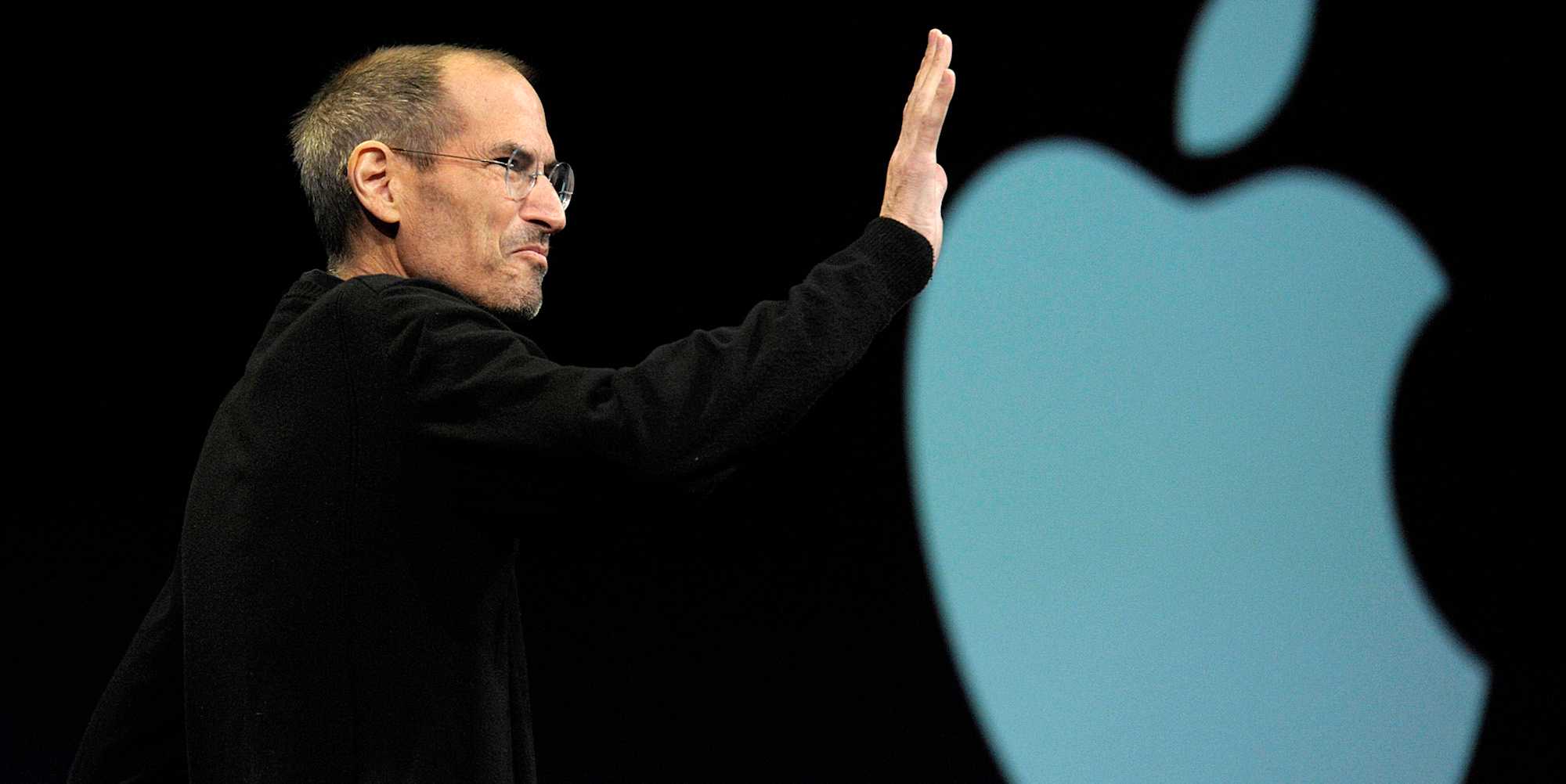 Apple logo with timeline visuals showing its 50-year journey from early computers to iPhone and AI era.