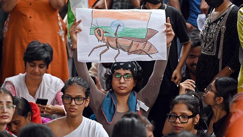 Thousands of Cockroach Janta Party protesters gathered at Jantar Mantar in Delhi during the monsoon session of parliament, holding signs demanding education reform