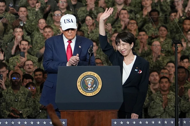 Japan PM Takaichi meets Trump at White House over Iran war demand and Strait of Hormuz oil tanker escort pressure on U.S.-Japan security alliance