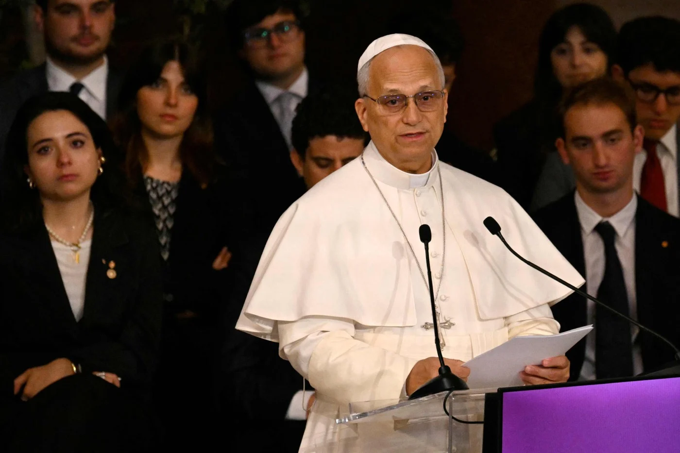 Pope Leo speaking at Sapienza University in Rome about diplomacy, peace, and Europe’s military spending.