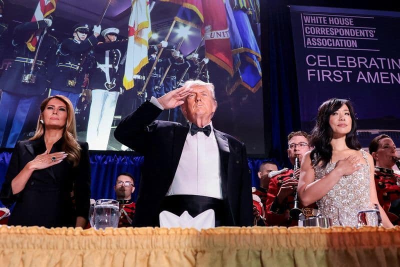 President Donald Trump speaking at the White House Correspondents Association dinner at the Waldorf Astoria Washington 2026 black tie event